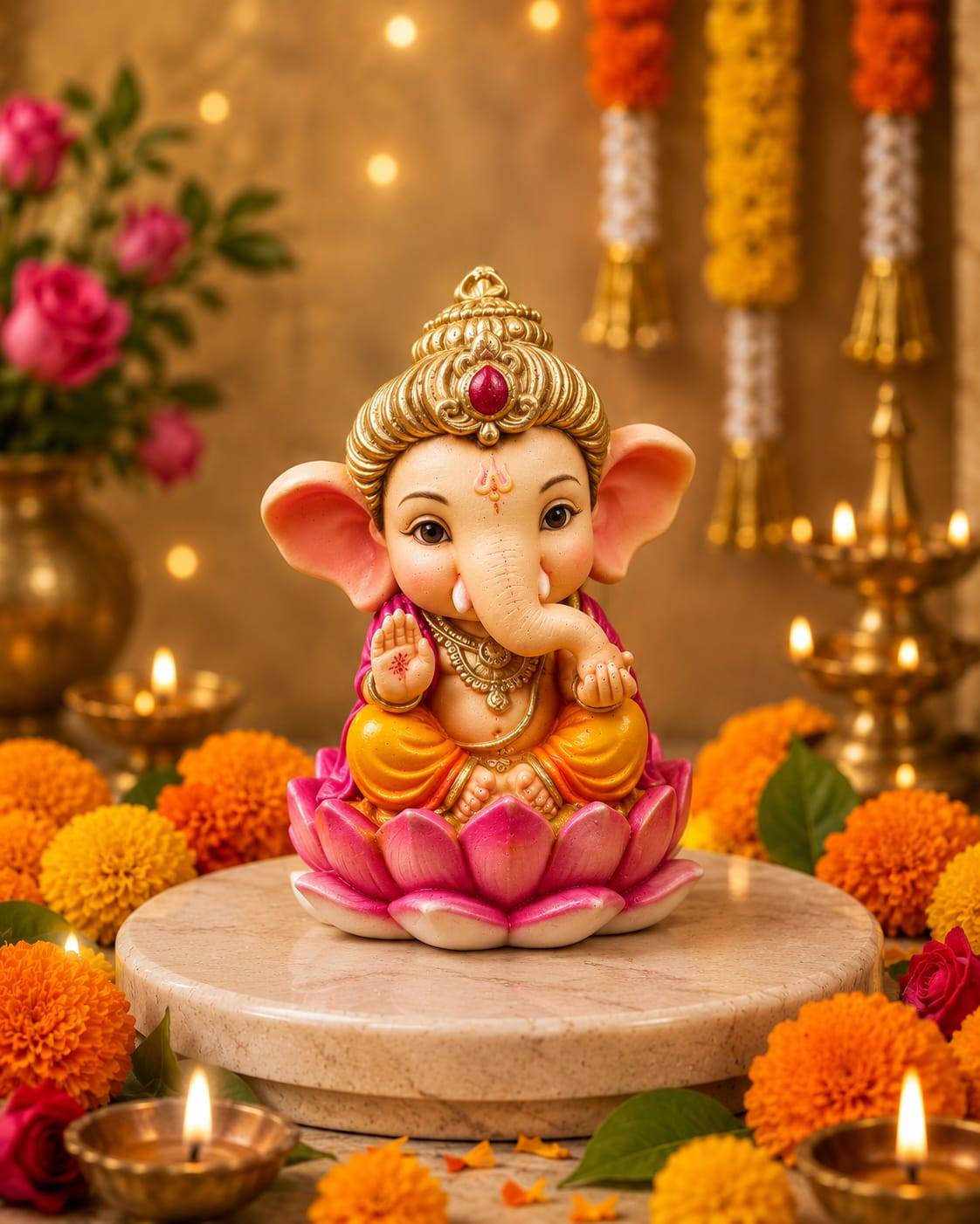 Baal Ganesh in Lotus Kit- Handcrafted Desktop Ganpati Idol